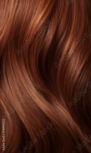 Extreme close-up shot of hair texture, with slight curves brunette with auburn highlights 