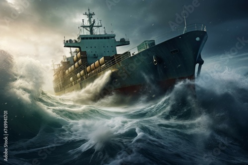 Cargo ship sailing through a stormy sea.