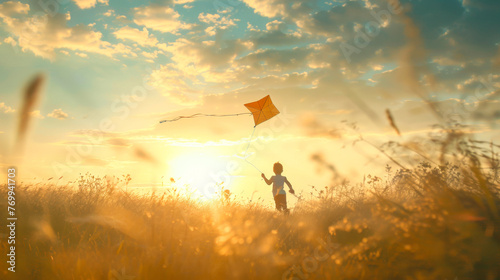 Child Flying Kite in Meadow at Sunset photo