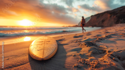 The golden hour illuminates a surfboard on the sandy beach with a surfer walking along the shoreline © Paula