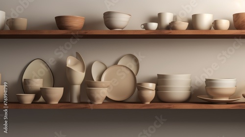 A display of assorted ceramic tableware on wooden shelves, capturing a homely and rustic charm perfect for interior design themes.