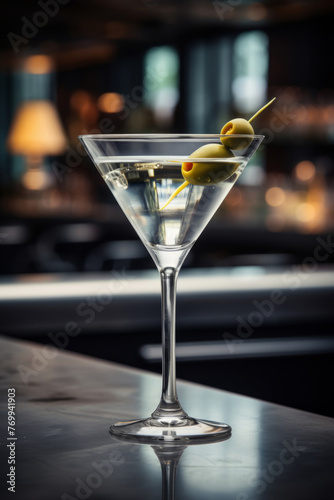 Classic martini cocktail with olives on a bar counter in a dark bar setting © fahrwasser