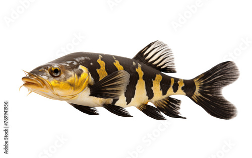 A black and white fish with vibrant yellow stripes swimming gracefully