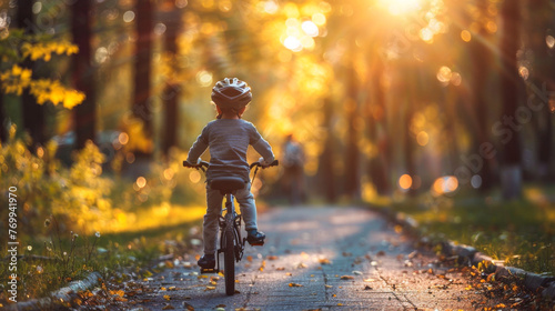 Child Riding Bike in Autumn Park at Sunset. Childhood Activity and Adventure Concept