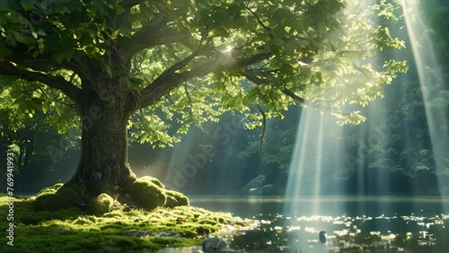 Time-lapse of Solitary Tree on an Island in Serene Lake. A single lush tree stands tall on a small island amidst a tranquil lake, under the bright, sunny sky dotted with clouds.
