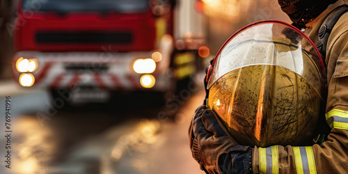 Close-up of a firefighter in gear with a reflective visor, with a fire truck in the background on a blurred, wet street, suggesting urgency and readiness for action