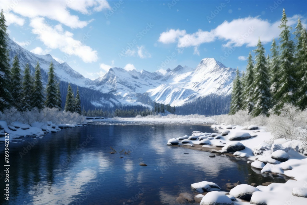 Tranquil lake surrounded by snow-covered mountains.