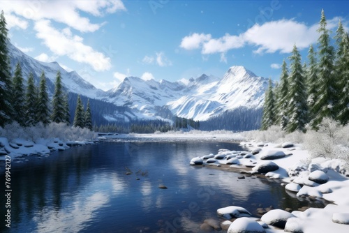 Tranquil lake surrounded by snow-covered mountains.