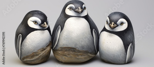 Three white vertebrate birds with beaks and necks are sitting on a table. They are penguins, terrestrial animals, captured in a photograph with natural light