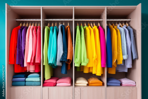Colorful modern open closet with clothes of different rainbow colors