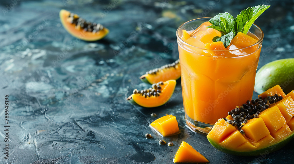Fruit cocktail in a glass and a slice of papaya and mango with mint. Summer fresh drink of mango, papaya, pineapple and juice on a dark blue blured background with copy space