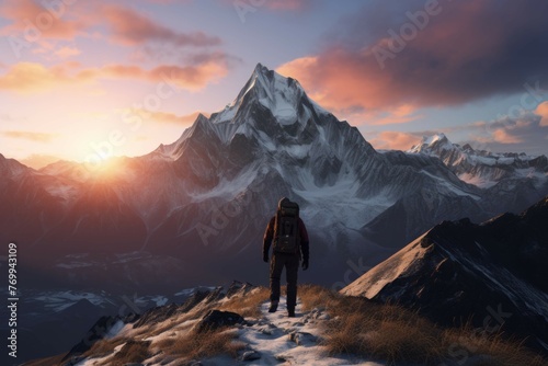 A person walking in a mountain with a backpack