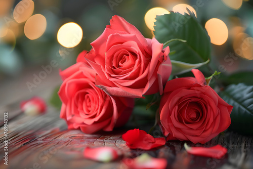Two Red Roses on Wooden Table