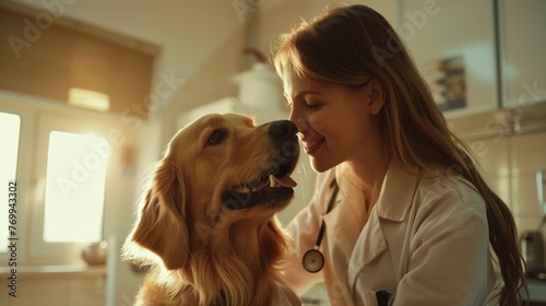 A female veterinarian is affectionately kissing a dog companion breed, on the nose, showing a warm smile towards her fawncolored animal