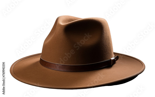 A stylish brown hat accented with a ribbon around the brim