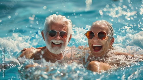 Happy senior couple having fun in the swimming pool. Retirement lifestyle and people concept.