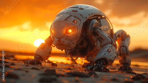Against the backdrop of a setting sun, a robotic cat companion strolls along a sandy beach