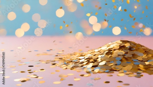 golden glittering confetti against pink and blue colored background