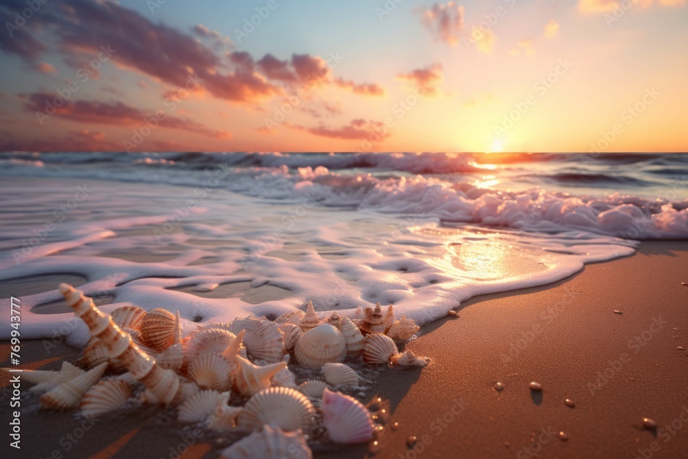 a beach with sea foam and shells, with the sun setting in the distance and its reflection on the water's surface, the colors of the sky and the sea blending together in a mesmerizing way a beach with sea foam and shells, with the sun setting in the distance and its reflection on the water's surface, the colors of the sky and the sea blending together in a mesmerizing way