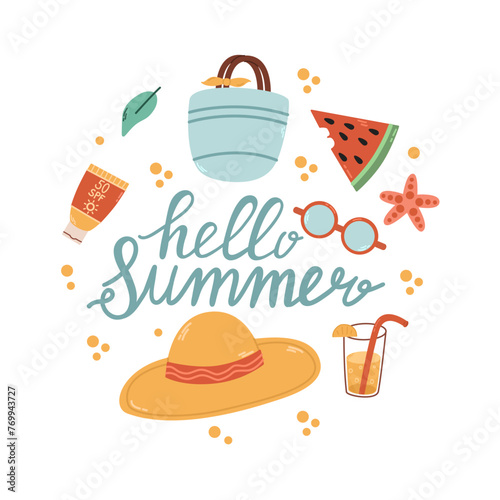 Set cute summer holiday beach elements. Hello summer lettering. Collection of scrapbooking elements for beach party.