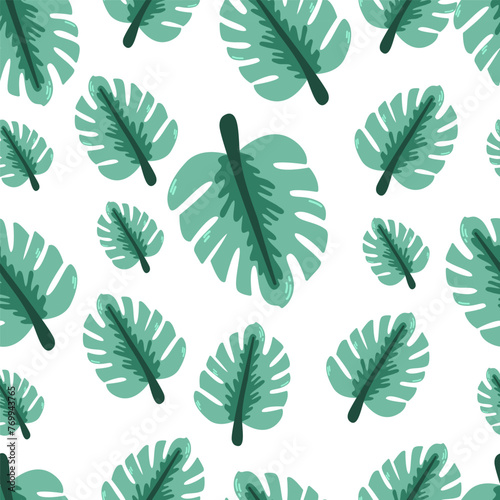 Tropical seamless pattern with monstera leaves of different size Tropical background background for greetings, invitations, wrapping paper production, textiles and web design. ...