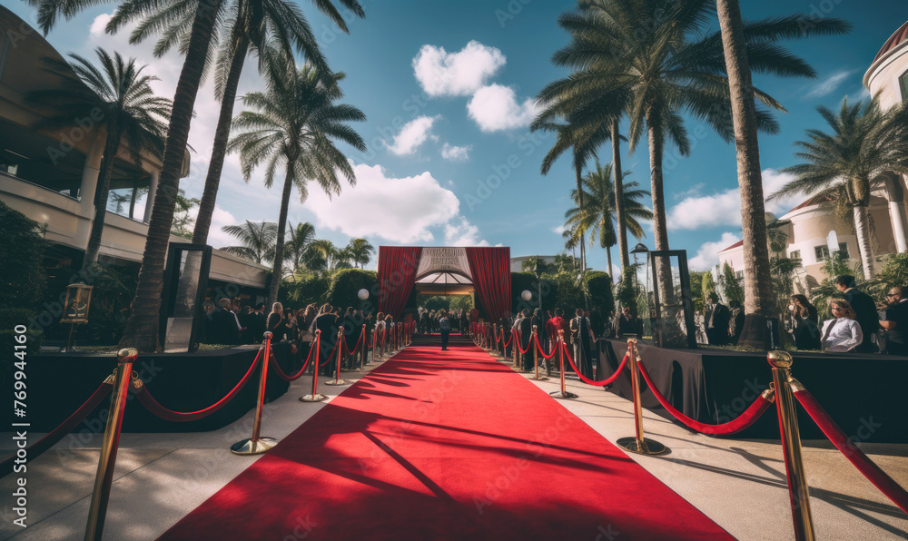 Fototapeta premium A private billionaires party with red carpet welcoming entrance for be part of an exclusive membership