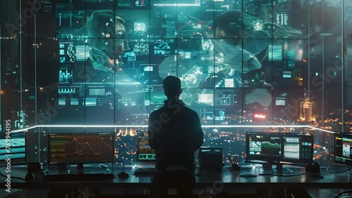 Security Professional Monitoring Multiple CCTV Feeds. Rear view of a security professional attentively overseeing multiple surveillance screens in a dark, high-tech control room.