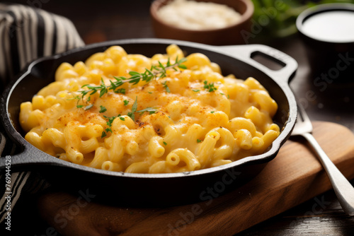 Mac and cheese in a cast iron pan, homemade creamy and delicious side dish idea