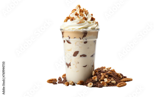 Indulgent milkshake topped with fluffy whipped cream and crunchy nuts
