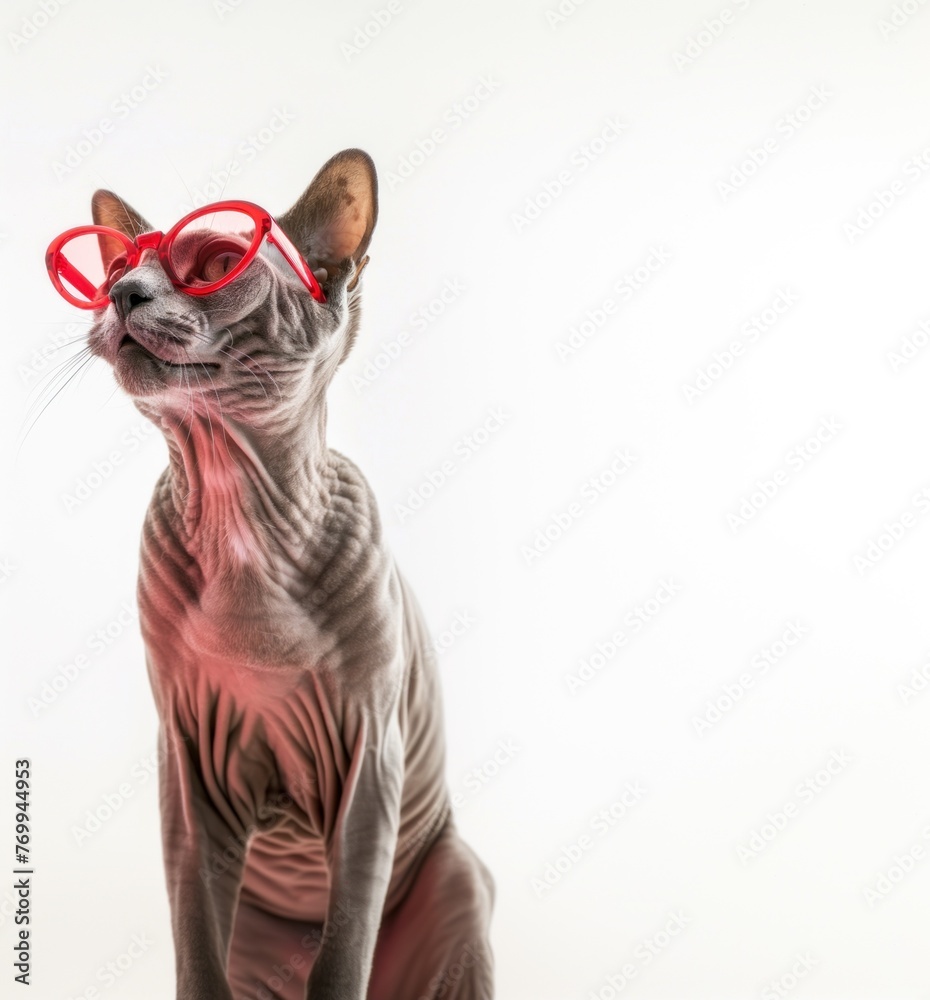 A Sphynx cat wearing red glasses