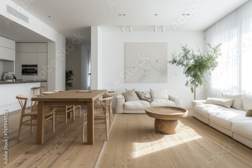 A bright and airy modern living room with stylish staircase, hardwood floors, and contemporary furniture, bathed in natural sunlight. Bright and airy Scandinavian living room. Resplendent.