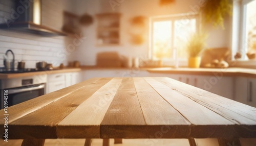 the simplicity of an empty wooden table in a kitchen with a background softly blurred to emphasize the rustic charm and potential for culinary delights