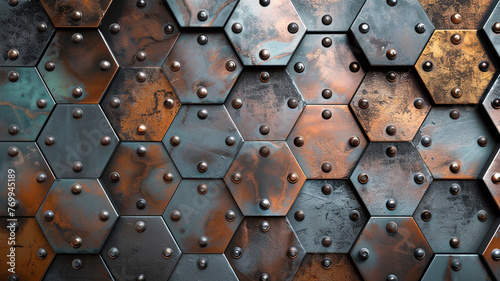 An industrial digital hexagon background, with metallic hexagons in varying shades of steel, bronze, and copper, interspersed with rivets and bolts.