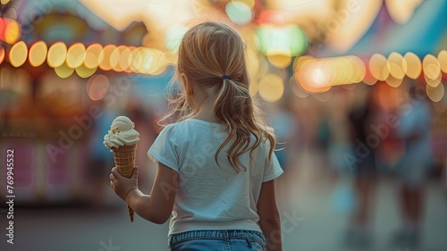 a female child, dressed in a white t-shirt and jean shorts, seen from a close-up back view, strolling through an amusement park on a sunny day, gleefully holding an ice cream cone.