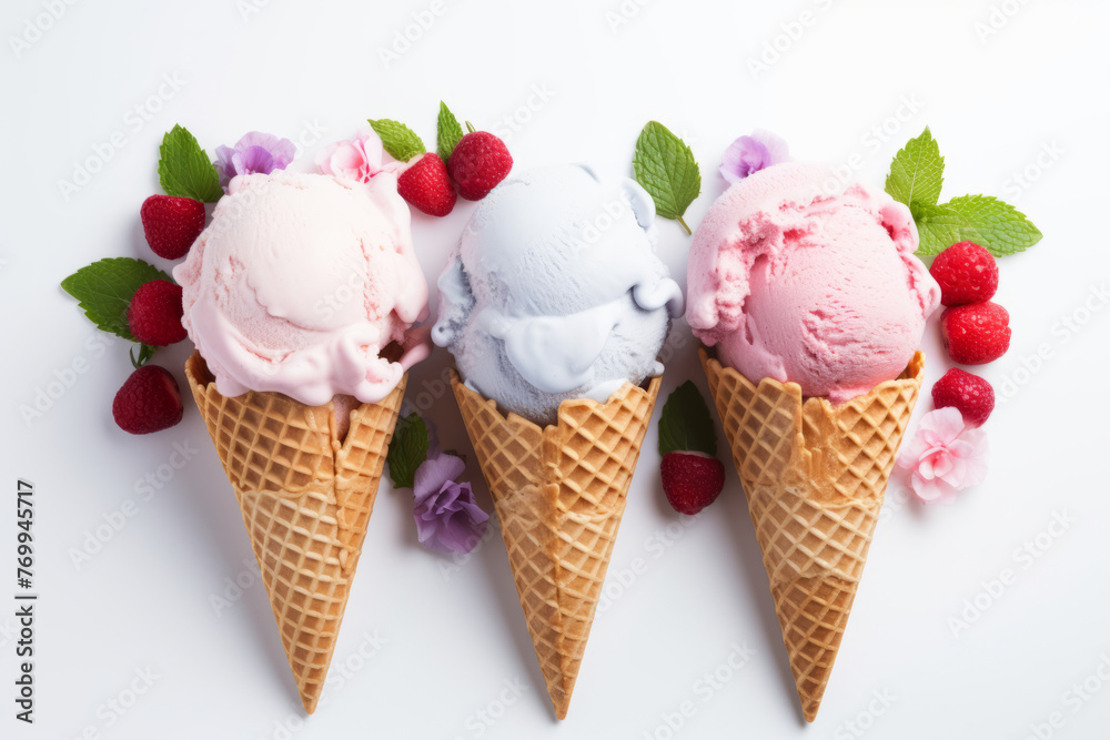 Variety of ice cream scoops fruit flavors in waffle cones against pure white background overhead view - obrazy, fototapety, plakaty 