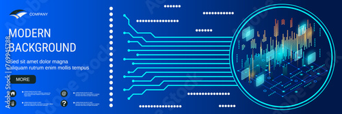 Digital technology banner vector design template. Big data analysis, information processing flat 3d isometric concept