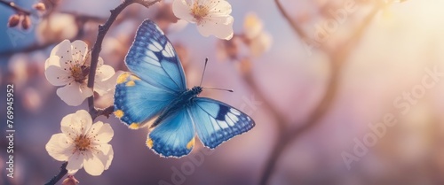 Beautiful blue yellow butterfly in flight and branch of flowering apricot tree in spring at Sunrise