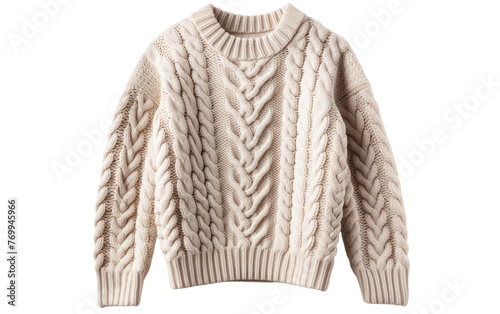 A white cable knit sweater stands gracefully on a white background
