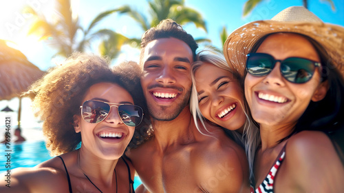 Joyful multiethnic Friends Taking a Group Selfie at a Sunny Beach Resort on holidays