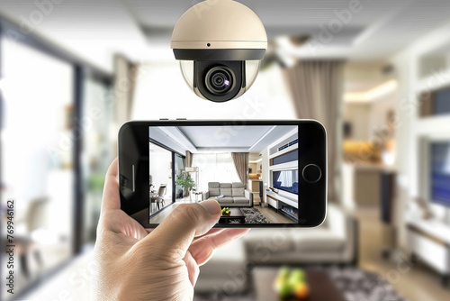 Hand Holding Smartphone with Security Camera View of Stylish Interior home