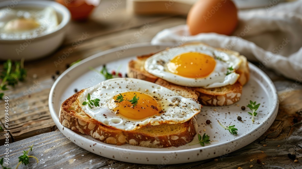 two open-faced sandwiches featuring perfectly fried eggs with runny yolks, resting on toasted slices of artisan bread, arranged on a white plate against a boho-inspired wooden table backdrop. two open-faced sandwiches featuring perfectly fried eggs with runny yolks, resting on toasted slices of artisan bread, arranged on a white plate against a boho-inspired wooden table backdrop.