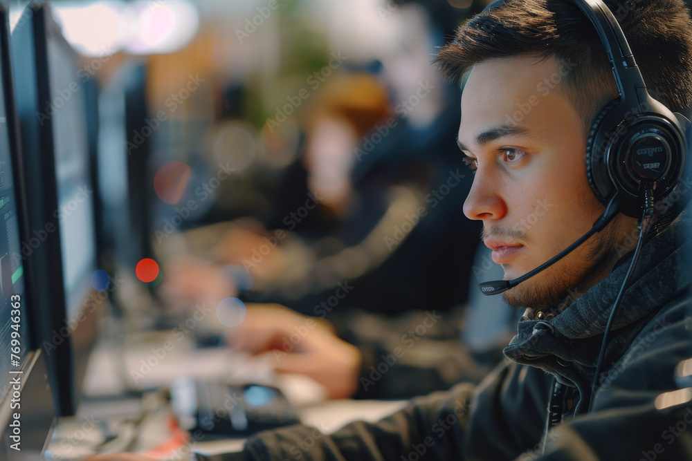 A man wearing a headset is working on a computer A man wearing a headset is working on a computer