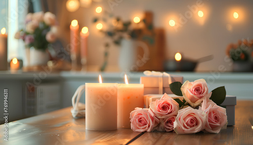 Burning candles  gift boxes and bouquet of roses on wooden table in kitchen  closeup