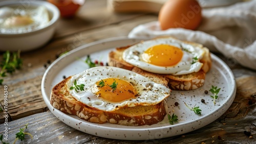 two open-faced sandwiches featuring perfectly fried eggs with runny yolks, resting on toasted slices of artisan bread, arranged on a white plate against a boho-inspired wooden table backdrop.