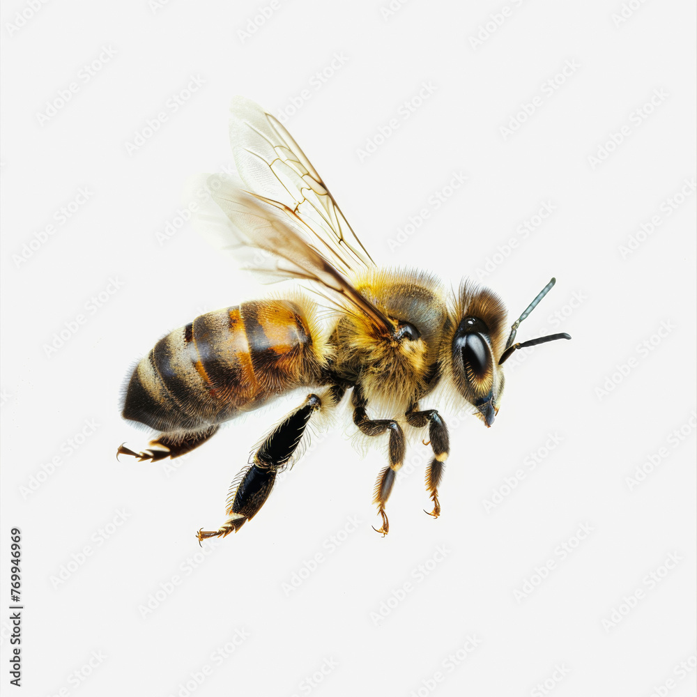 Honey Bee Flapping Its Wings On A White Background, Bee With Black And Yellow Stripes, Head With Fur, Angle View, Motion Photo Honey Bee Flapping Its Wings On A White Background, Bee With Black And Yellow Stripes, Head With Fur, Angle View, Motion Photo