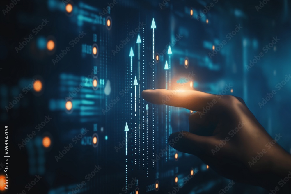 Fototapeta premium Abstract close-up of hand pointing at glowing business, business growth, businessman pointing hand, abstract glowing business background, Ai business growth, business growth neon