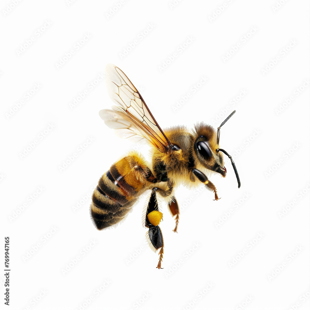 Honey Bee Flying On A White Background, Head With Fur And Yellow And Black Stripes, Motion, Side View Honey Bee Flying On A White Background, Head With Fur And Yellow And Black Stripes, Motion, Side View