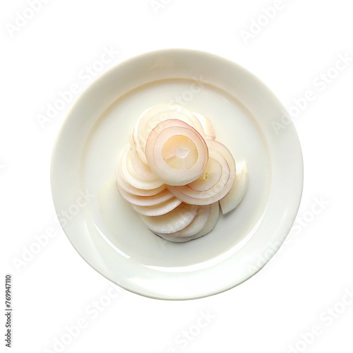 White Sliced onion on a white plate. Isolated on a transparent background.