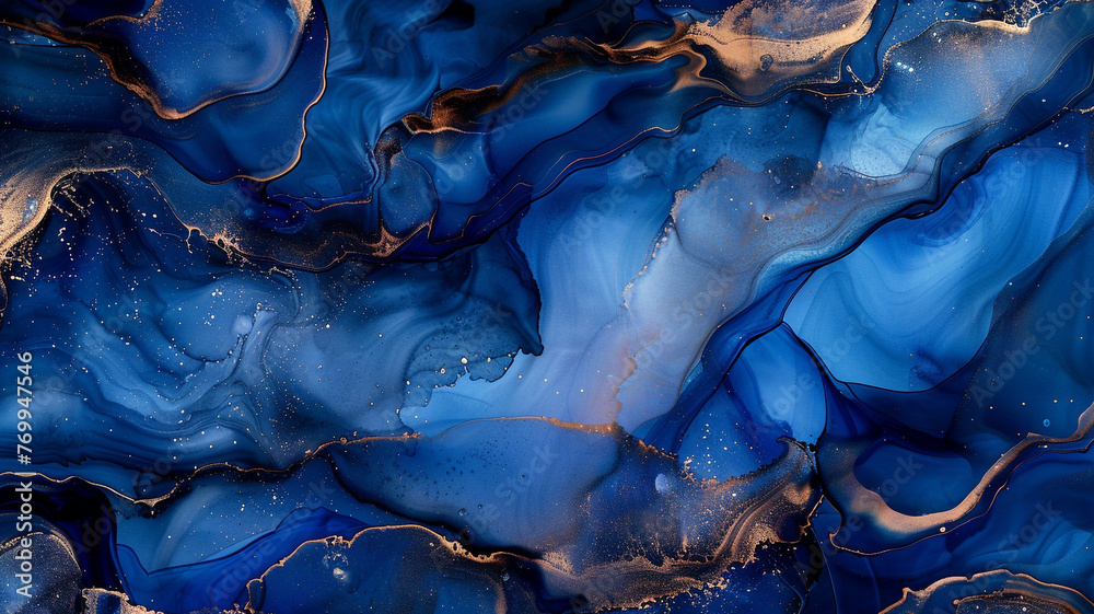 A luxurious abstract fluid art painting in indigo and bronze, executed with alcohol ink. 