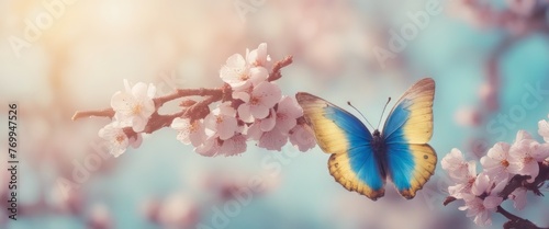 Beautiful blue yellow butterfly in flight and branch of flowering apricot tree in spring at Sunrise